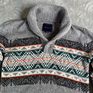 American Eagle Gray Fair Isle Shawl Collar Pullover Sweater Men Size Small